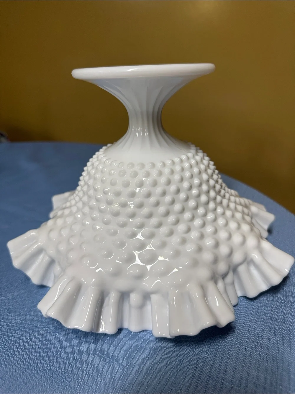 Fenton Hobnail Milk Glass Ruffled Edge Compote, 1950s Pedestal Dish 6.75” tall
